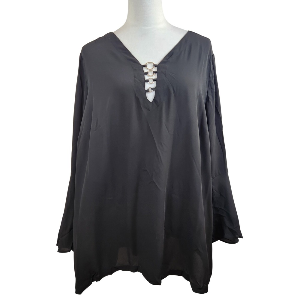 Rock Republic Womens Plus Black Tie‎ Wave Song V Neck Ring Detail Tunic Top 2X